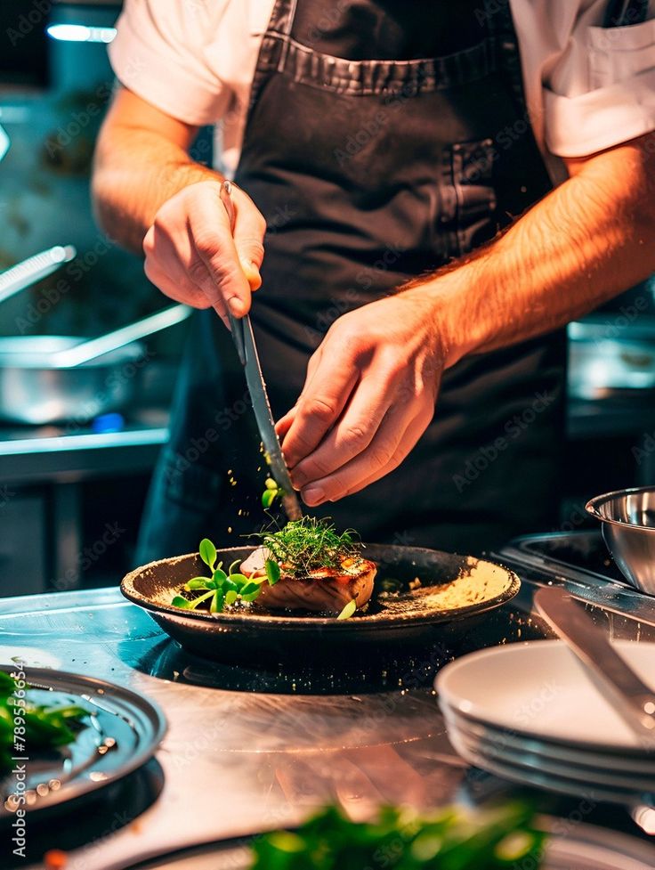 Chef preparing a gourmet meal in a professional kitchen Stock-Illustration